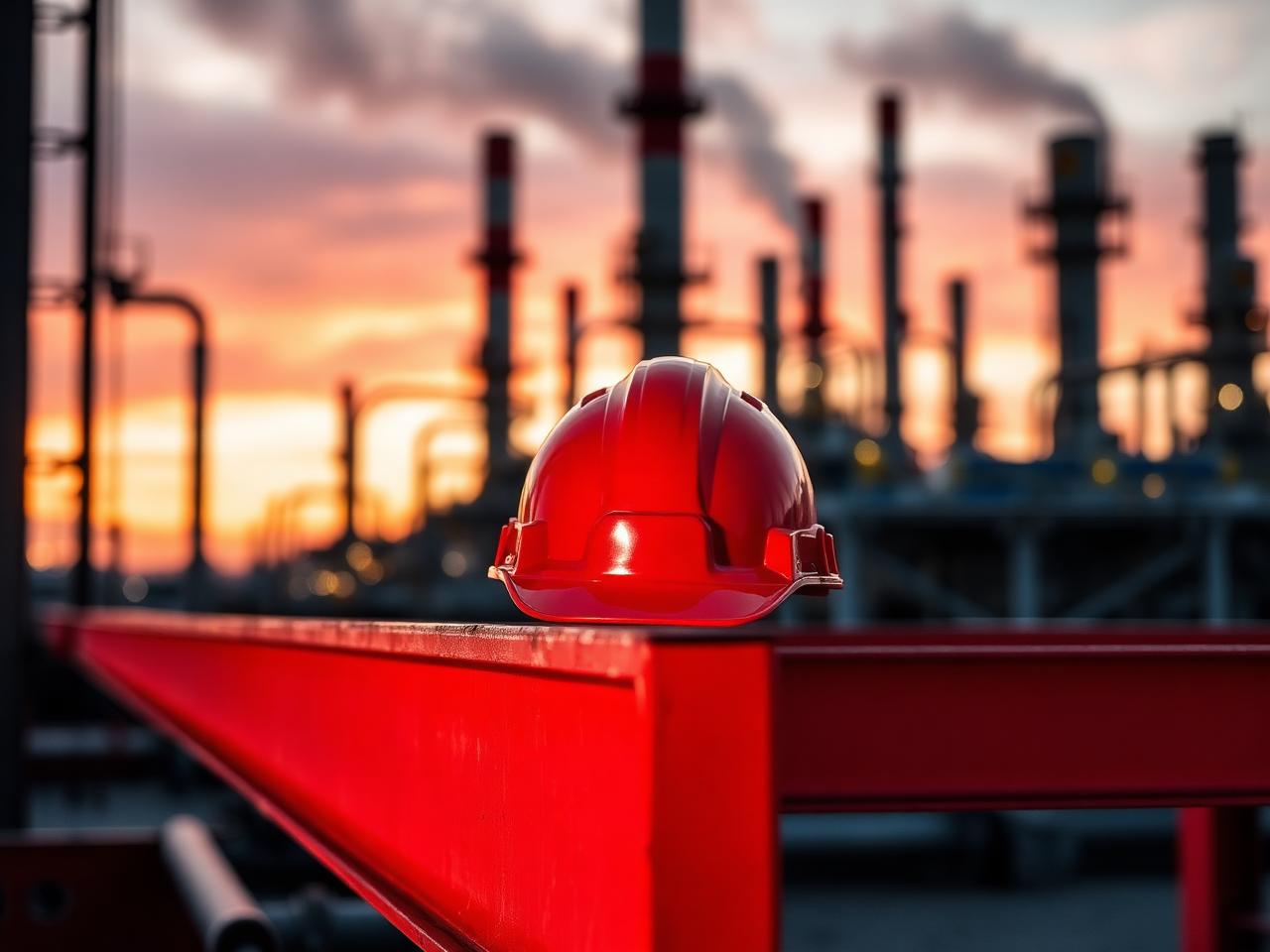 Rode veiligheidshelm op industriële stalen balk bij petrochemische installatie